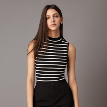 SO NICE 火山領撞色條紋天絲混紡針織背心上衣