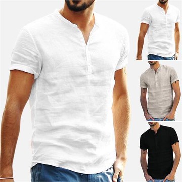 man white short sleeve top shirts for men男棉麻短袖襯衣上衣