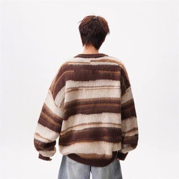 馬海毛圓領毛衣男女秋冬休閑撞色條紋針織衫寬松松弛感情侶打底衫