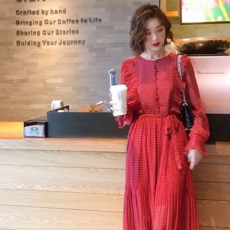 春 ワンピース シフォン シャツワンピース 長袖 Aライン フリル フレア ハイウエスト ミモレ丈 ロングワンピース 安い 可愛い 通販 Lineポイント最大0 5 Get Lineショッピング