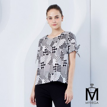 【MA】高含棉裝飾蝴蝶結圓點印花上衣-黑