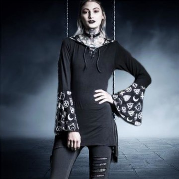 德單E@MP暗黑哥特倒十字架五芒星黑貓巴風特長袖連帽薄款長袖T恤