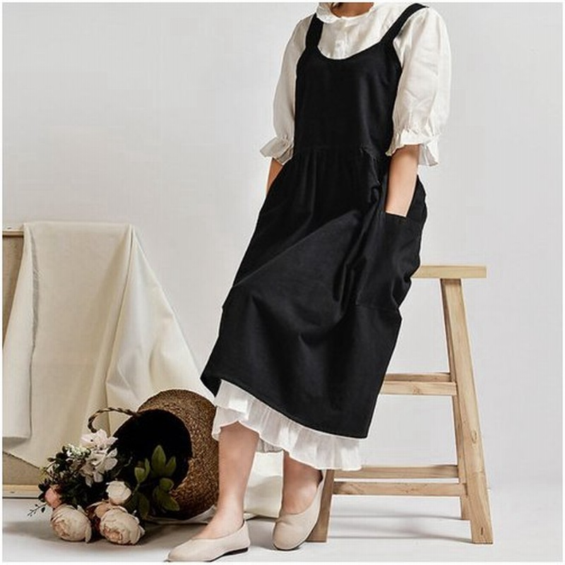 ブラック エプロン ワンピースエプロン ハイウエスト ジャンパースカート風エプロン エプロンドレス リネン 北欧デザイン ポケット付 カフェ風 通販 Lineポイント最大get Lineショッピング