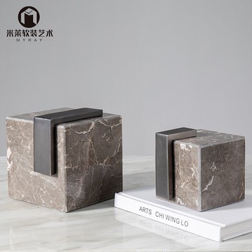 新中式大理石擺件家居裝飾品樣板房間茶幾玄關床頭柜方形金屬擺設