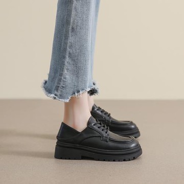 英倫風小皮鞋女2023新款黑色百搭休閑系帶單鞋厚底圓頭真皮樂福鞋