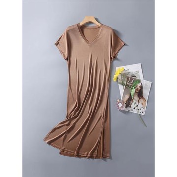 針織真絲加長款家居服女 性感V領短袖桑蠶絲睡袍 寬松涼爽背心裙