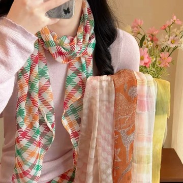 絲巾 長絲巾 長款圍脖 夏季絲巾 韓系格紋絲巾 絲巾女 高級感 長條薄款系脖飄帶 氣質領巾 百搭配飾 長飄帶