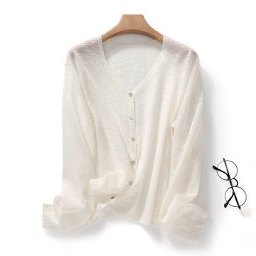 [米蘭精品] 現貨+預購 針織外套防曬罩衫-苧麻V領百搭薄款女外套7色74lc74