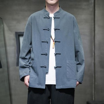 中式襯衣男中國風春秋季棉麻提花長袖襯衫復古唐裝大碼亞麻外套男