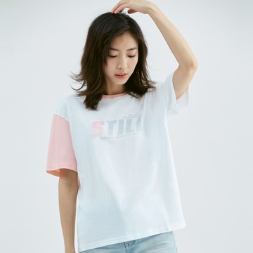 撞色拼接圓領印花純棉T(粉紅)-女