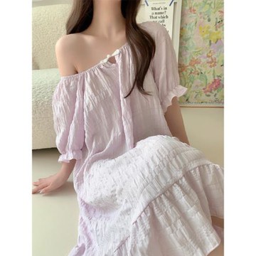 法式睡裙女夏季短袖棉麻露肩一字領公主國風溫柔休閑中長款連衣裙