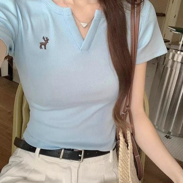 【臺灣出貨】女生夏天純棉上衣 夏天上衣 短袖t恤 女生短袖上衣 V領t恤 純棉短袖女生上衣 純棉t恤 短袖上衣 美式上衣
