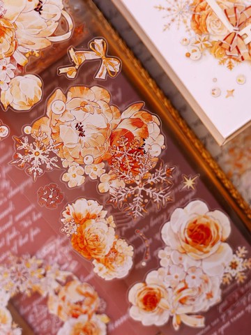 橘光橙花   復古清新雪花和紙 PET 貝殼光切模手帳膠帶