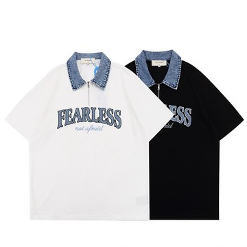 🔥台灣速發🔥牛仔布拼接設計 FEARLESS 拉鍊牛仔POLO 短袖 街頭 寬鬆 歐美 風格 VIBE 日系
