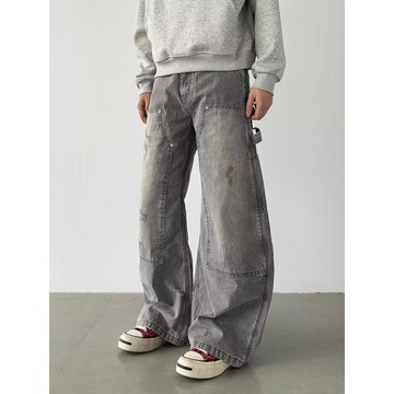 水洗做舊灰色牛仔褲男美式高街復古寬鬆直筒垂墜感闊腿長褲