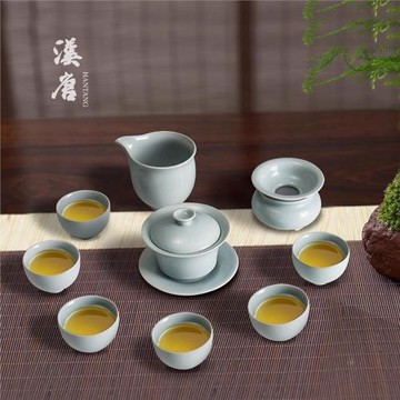 漢唐汝窯可養開片家用功夫茶具套裝陶瓷整套蓋碗10件套