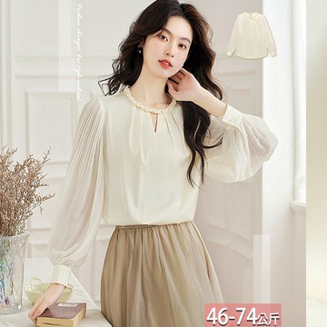 法式編織圓領鏤空壓褶燈籠袖上衣 M-2XL【214334X】【現+預】☆流行前線☆