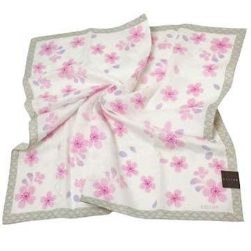 CELINE 品牌字母浮水印櫻花限定LOGO圖騰棉質大帕領巾(白底/灰邊/58CM)