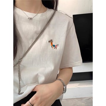 精細小馬刺繡休閑寬松圓領白色短袖T恤2024夏季新款百搭打底上衣