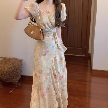 ParrotFashion 一片式洋裝 法式茶歇一片式綁帶V領碎花洋裝子女夏季獨特漂亮絕美收腰長裙