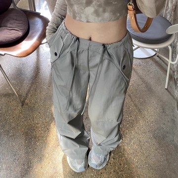 高腰抽繩工裝休閒褲女秋季新款寬鬆顯瘦闊腿褲