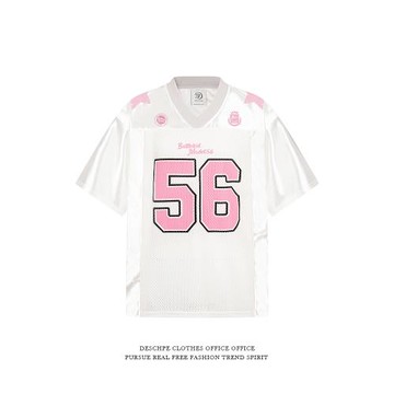 Deschpe 美式復古V領運動球衣半袖男女夏裝街頭寬松休閑短袖T恤