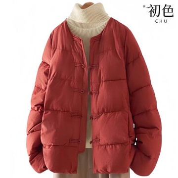 初色 復古純色盤釦長袖口袋圓領加厚保暖棉服外套女外套-紅色-17600(M-2XL可選)