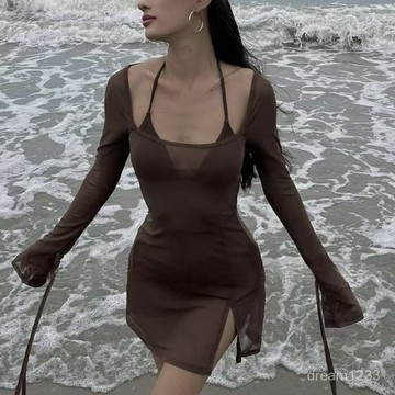 綺夢織語🌺 歐美性感辣妹網紗罩衫 泳衣三件套女 泳裝 泳裝 泳衣三件套 比基尼 長袖泳衣 泳衣罩衫 泳衣外搭 比基尼罩衫