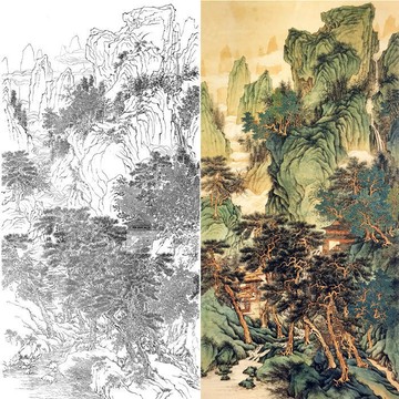 實物參照彩圖 底稿 可上色 列印稿 宣紙 國畫青綠山水豎幅工筆劃底稿初學者臨摹宣紙可山色245