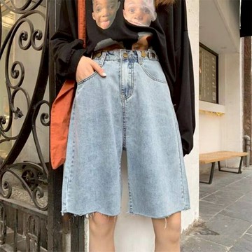 高腰闊腿牛仔褲女夏季港風垂感直筒顯瘦寬松薄款五分中褲