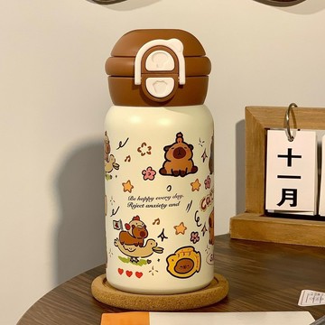 不鏽鋼保溫杯 保溫瓶🎀 保溫杯子ins女生卡皮巴拉可愛316食品級便攜雙飲吸管卡通爆款水杯