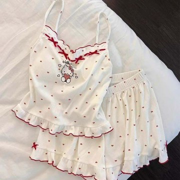 Xuan♥睡衣女HelloKitty蝴蝶結花邊吊帶夏季背心短褲家居服套裝