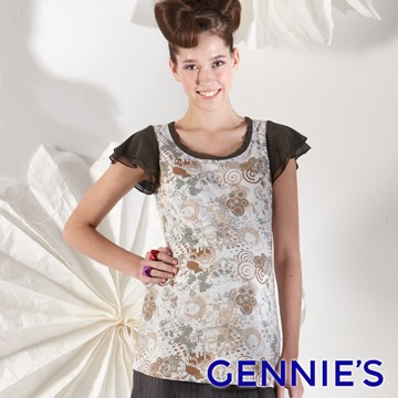 Gennies奇妮 個性圖騰圓領春夏上衣-桃紅/綠(G3160)