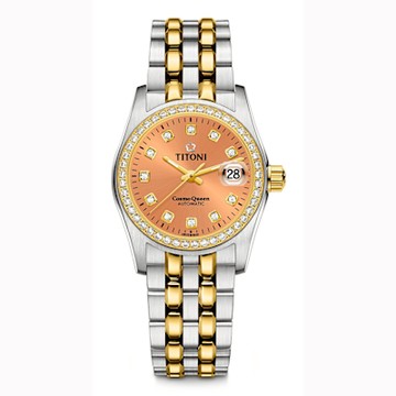 TITONI瑞士梅花錶 宇宙系列女錶(729 SY-DB-722)-鋯石錶圈鮭魚面盤銀X金相間鍊帶/27mm