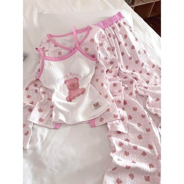 ✨元氣新品✨白粉軟萌小熊帶胸墊睡衣三件套春夏甜美吊帶開衫長褲可外穿家居服LCVU