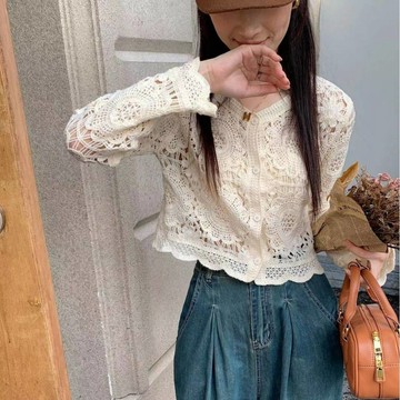 (時尚單品手勾長袖)💐法式覆古氣質鏤空鉤花針織純色V領寬松顯瘦短款百搭上衣💐