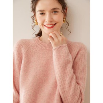 波紋袖設計冬季新款插肩圓領山羊絨衫女加厚高端軟糯羊絨打底毛衣