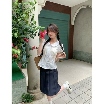 Muun Studio白色娃娃領襯衫女夏季甜美襯衣收腰短袖上衣