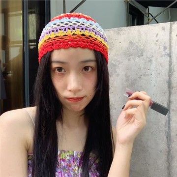 姚叔叔/重工！異域感vintage古著風彩虹配色純手工鉤花印度帽子女