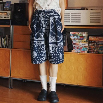 經典藍色腰果花 中性夏季五分褲廓形短褲 佩斯利高支純棉
