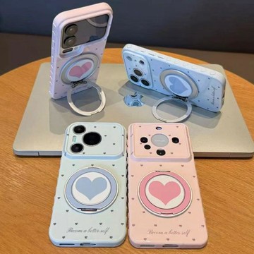 ❤粉藍小愛心支點支架適用蘋果17pm手機殼 情侶手機殼 女生高顏值iPhone手機殼 全包iPhone16/15手機殼