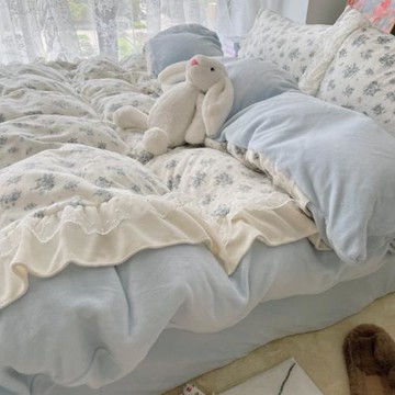 小清新牛奶絨床裙款四件套秋冬加厚花邊被套床單珊瑚絨床上三件套