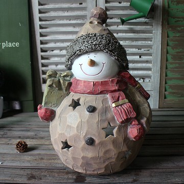 美式鄉村仿木圣誕雪人禮物星星燭臺擺件 樹脂工藝品花園會所孤品1入