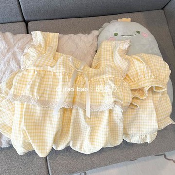 帶胸墊黃色格子睡衣女夏季云朵棉吊帶短褲套裝簡約休閑性感家居服