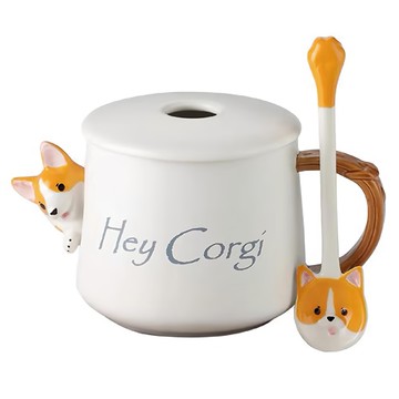 Royal Duke 彩繪柯基犬附蓋附湯匙馬克杯 陶瓷 420ml大容量  白色  1個