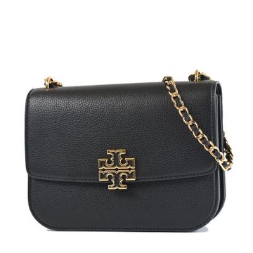 TORY BURCH BRITTEN 荔枝紋翻蓋編織鍊帶肩背/斜背二用包-黑色