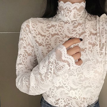 高領蕾絲打底衫女長袖內搭秋季新款甜美時尚性感蕾絲衫上衣女