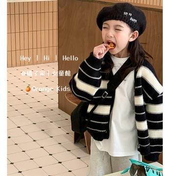 Orange Kids🍊女童針織外套 台灣出貨 中大童毛衣開衫女童韓版V領條紋針織外套2024秋季新款女孩上衣潮