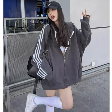 小個子穿搭深灰色連帽拉鍊衛衣外套女加絨寬鬆bf慵懶風vintage中長款上衣潮 炸街連帽外套bf風衛衣中長款拉鏈開衫外套