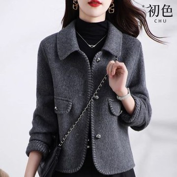 初色 純色翻領排釦長袖修身大衣外套女外套-灰色-16369(M-2XL可選)